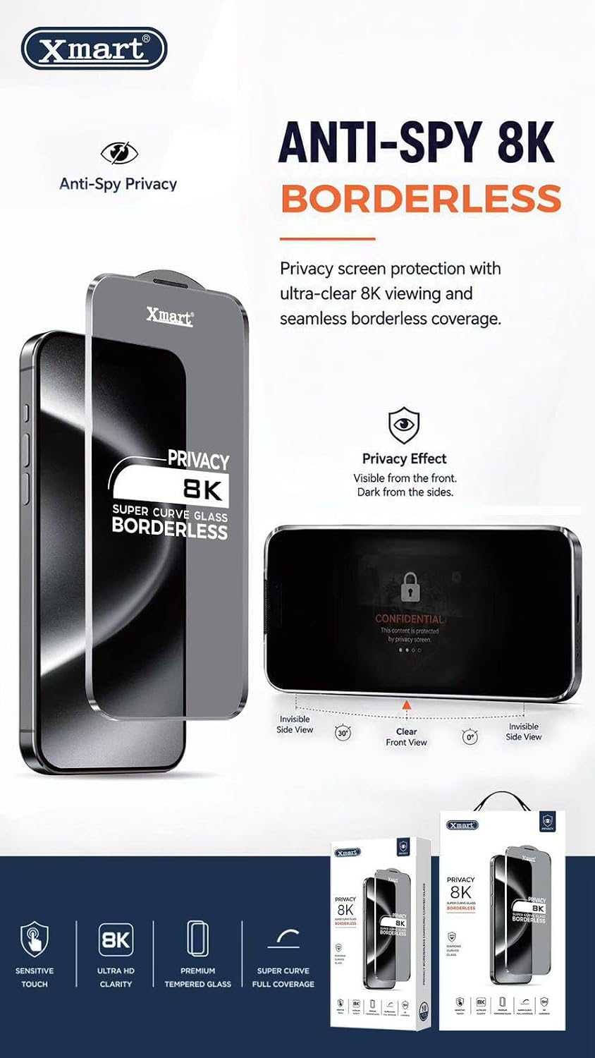 Xmart Anti-Spy 8K Borderless privacy screen protector shown on a smartphone mockup, with feature callouts, a small inset showing the dark tinted privacy effect, and product packaging boxes at the bottom.