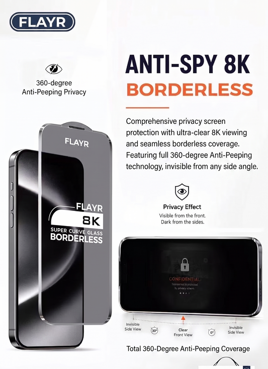 flayr Ultra-Clear 8K screen protector set for iphone devices, featuring a 360 degree tempered glass protector with a black border on a smartphone and a matching side view, along with product packaging and feature icons at the bottom.