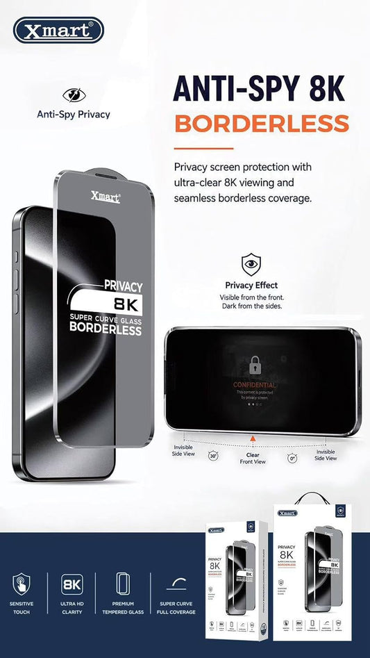 Xmart Anti-Spy 8K Borderless privacy screen protector shown on a smartphone mockup, with feature callouts, a small inset showing the dark tinted privacy effect, and product packaging boxes at the bottom.