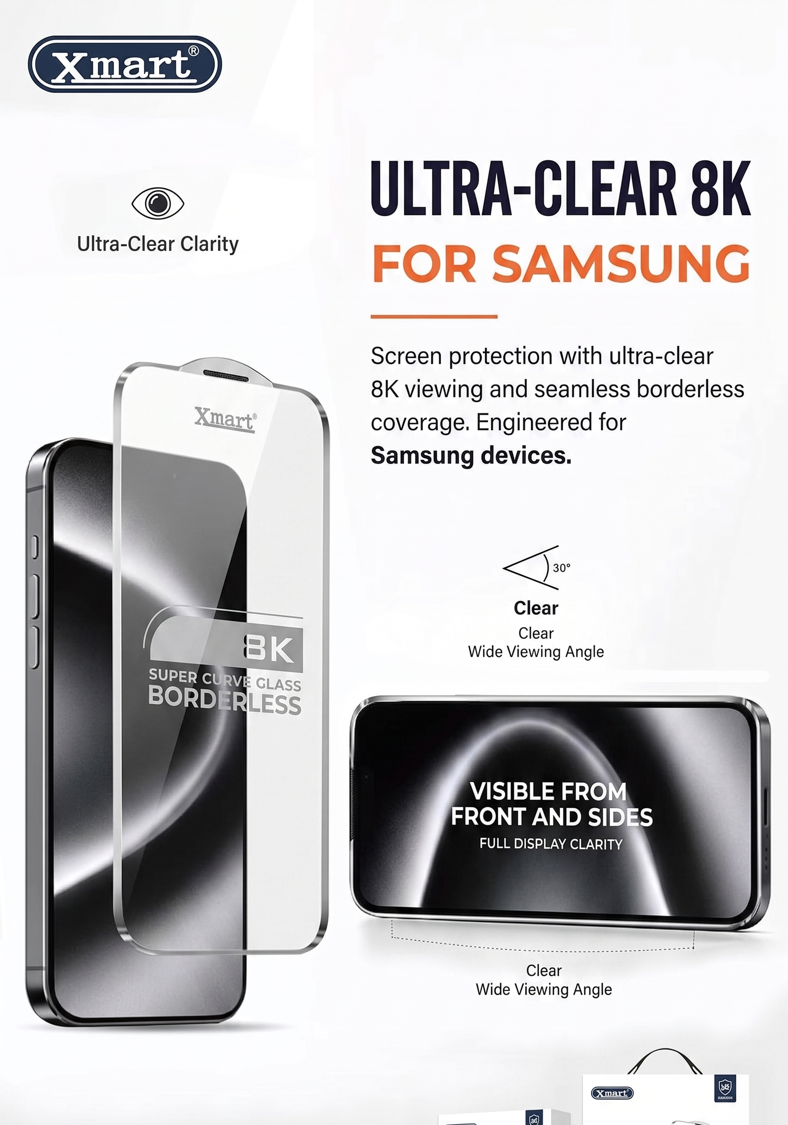 Xmart Ultra-Clear 8K screen protector set for Samsung devices, featuring a clear tempered glass protector with a black border on a smartphone and a matching side view, along with product packaging and feature icons at the bottom.