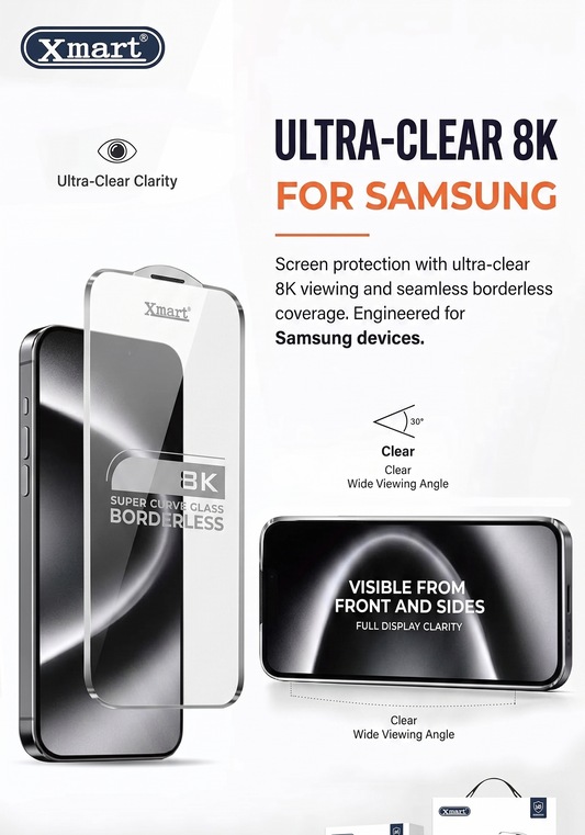 Xmart Ultra-Clear 8K screen protector set for Samsung devices, featuring a clear tempered glass protector with a black border on a smartphone and a matching side view, along with product packaging and feature icons at the bottom.